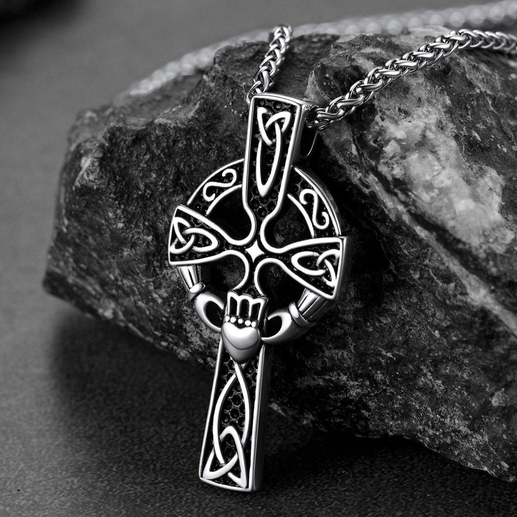 Irish Celtic Cross Necklace with Claddage For Men