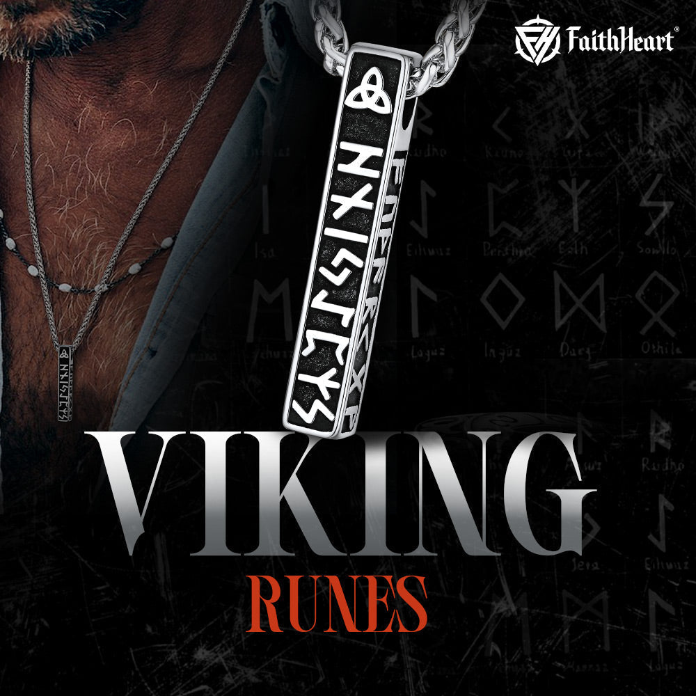 Engraved Viking Runes Bar Necklace Pendant Jewelry For Men
