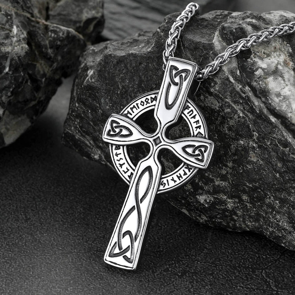 Irish Celtic Cross Pendant Necklace with Viking Runes for Men