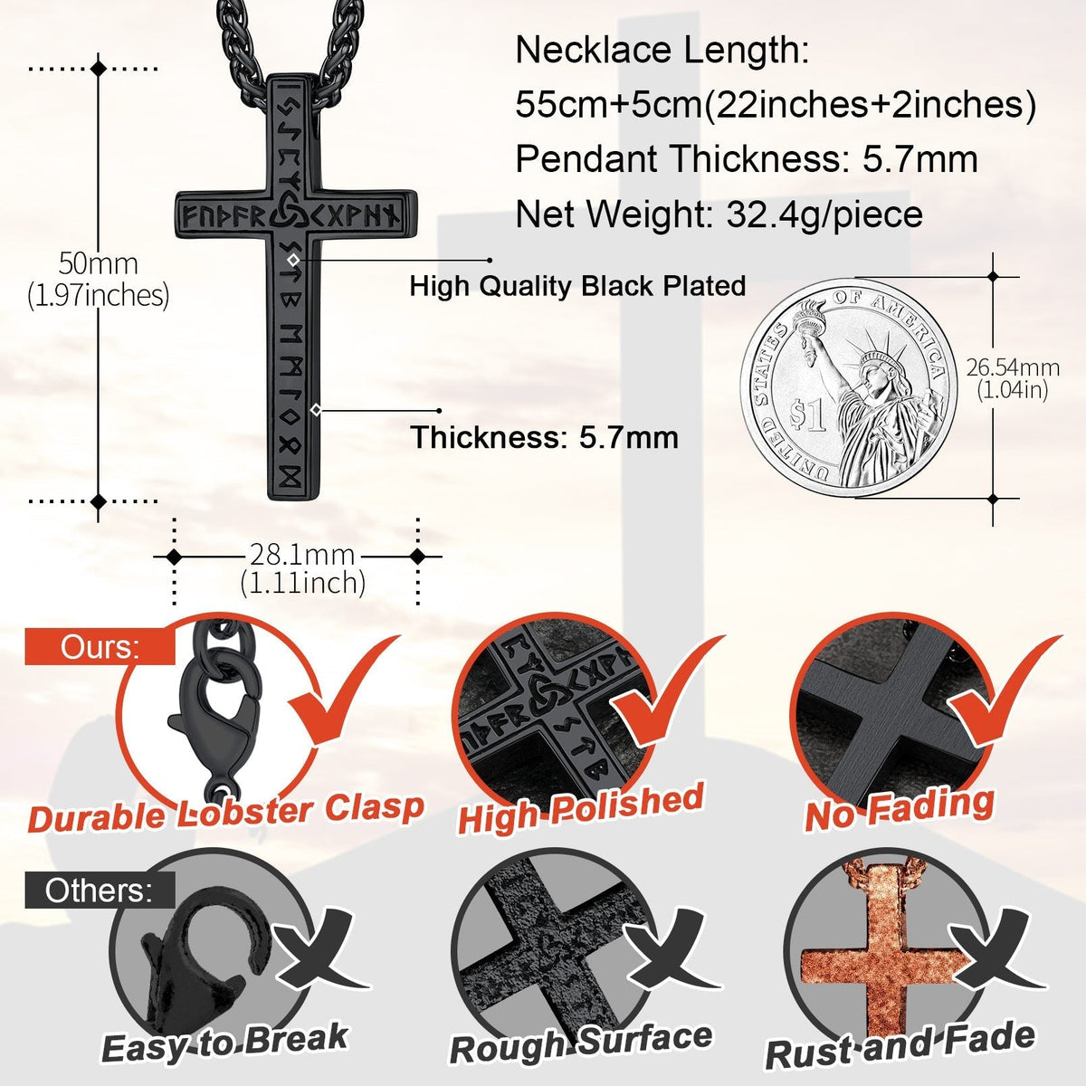 Viking Rune Cross Pendant Necklace for Men