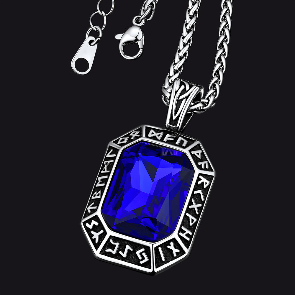 Engraved Crystal Dog Tag Necklace with Viking Runes For Men