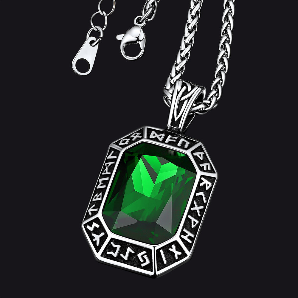 Engraved Crystal Dog Tag Necklace with Viking Runes For Men