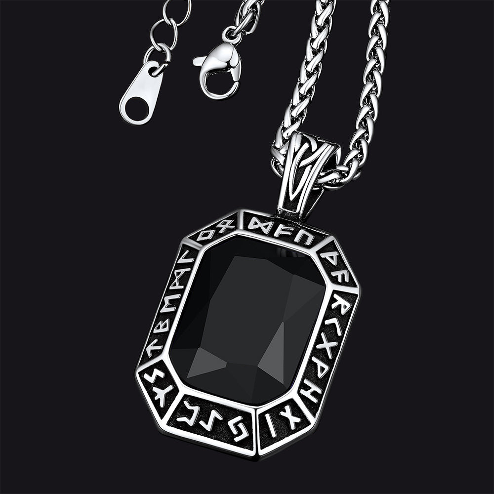 Engraved Crystal Dog Tag Necklace with Viking Runes For Men