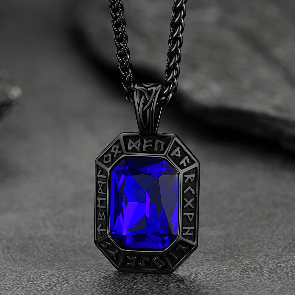 Engraved Crystal Dog Tag Necklace with Viking Runes For Men