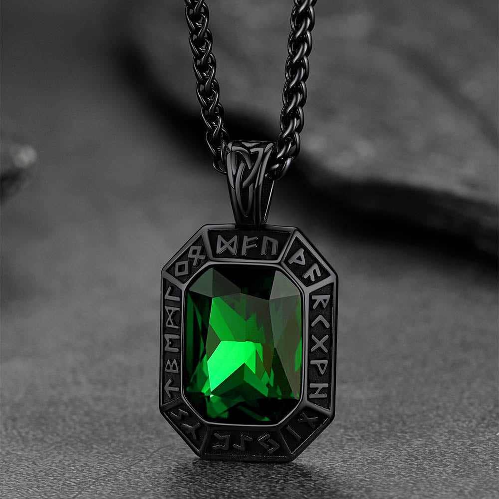 Engraved Crystal Dog Tag Necklace with Viking Runes For Men