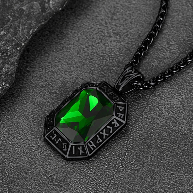 Engraved Crystal Dog Tag Necklace with Viking Runes For Men