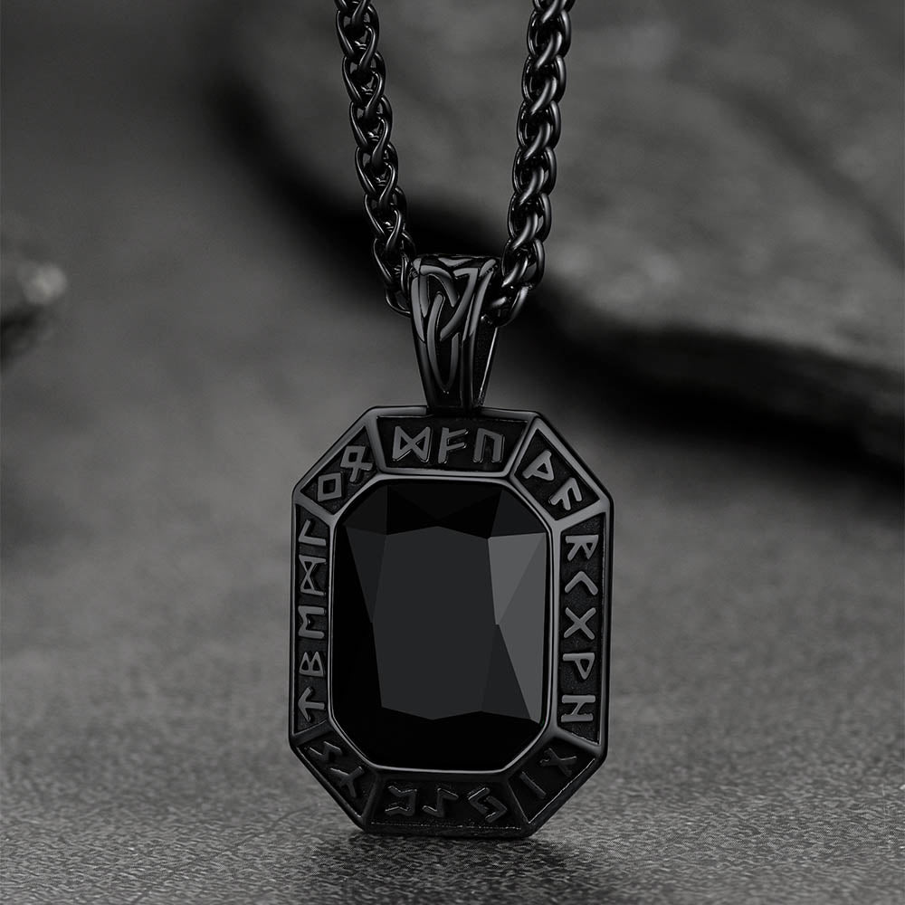 Engraved Crystal Dog Tag Necklace with Viking Runes For Men