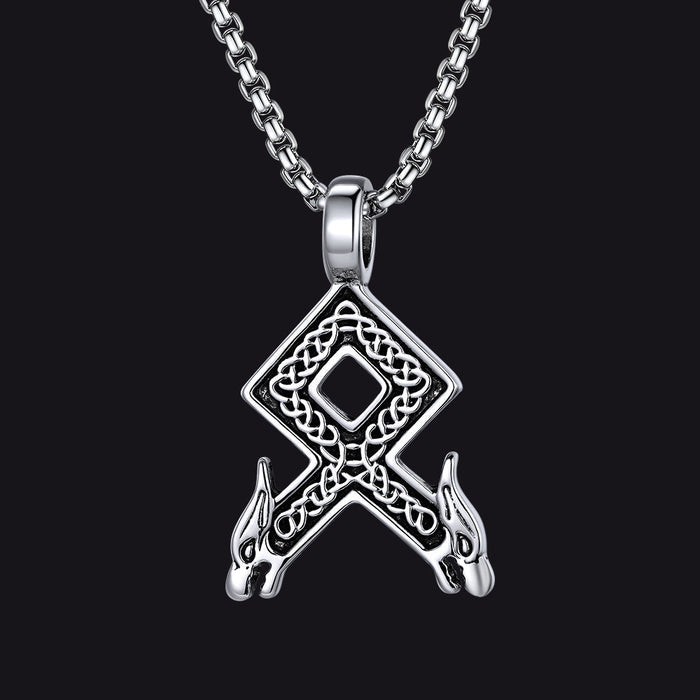 Viking Othala Rune Wolf Heads Pendant Necklace for Men