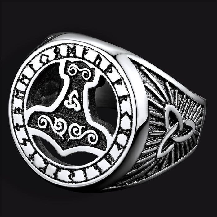 Viking Thor's Hammer Ring with Runes for Men