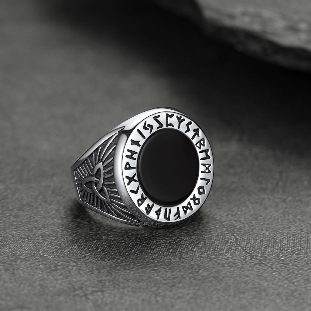 Black Onyx Signet Ring with Viking Runes for Men
