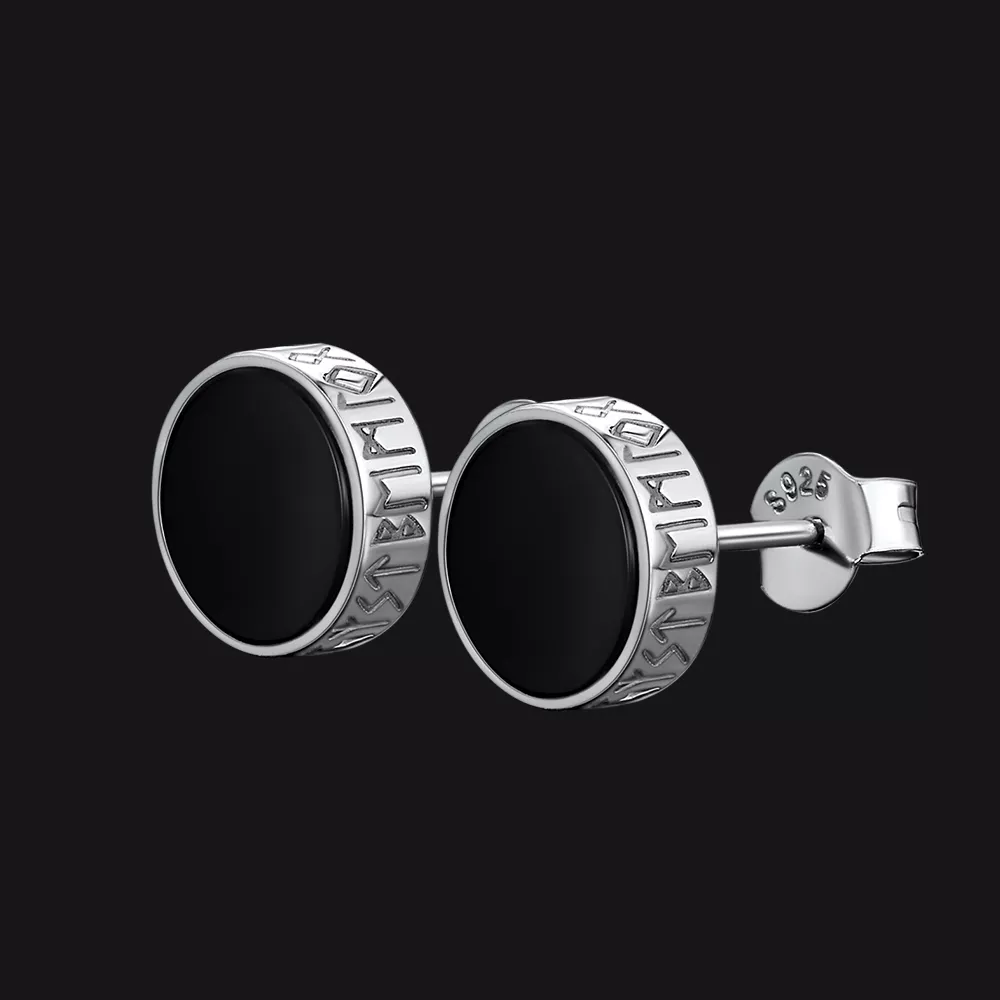 Black Onyx Stud Earrings With Viking Runes in Sterling Silver