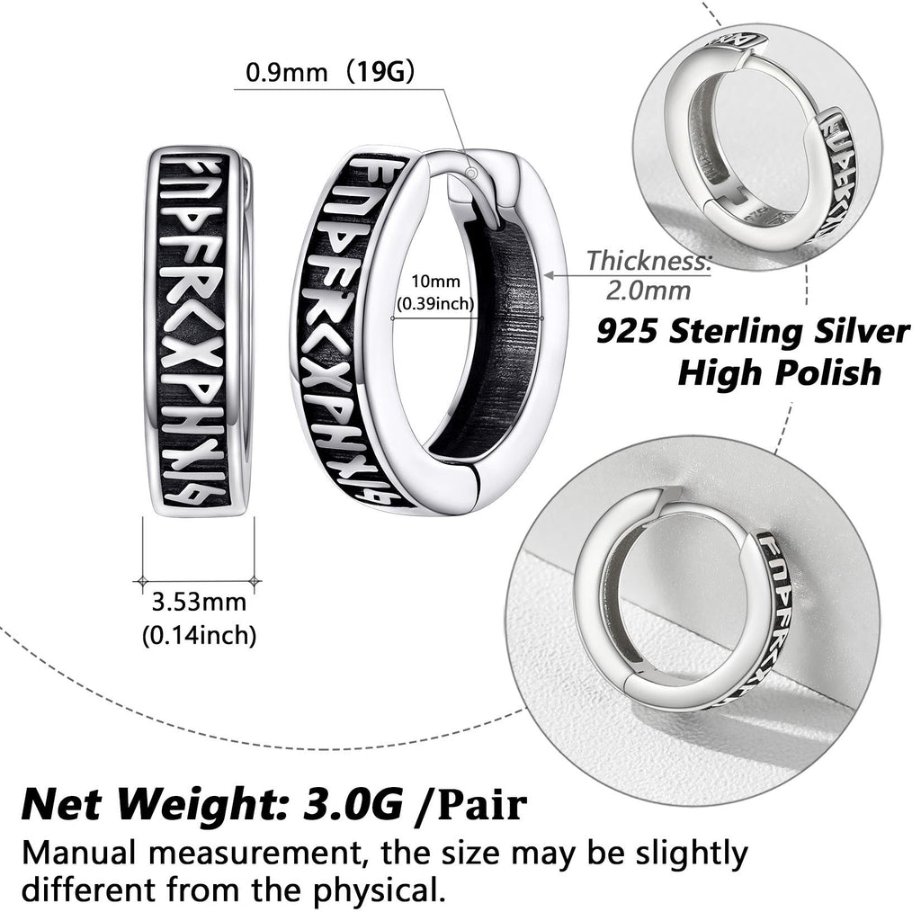 Norse Viking Runes Huggie Hoop Earrings in Sterling Silver