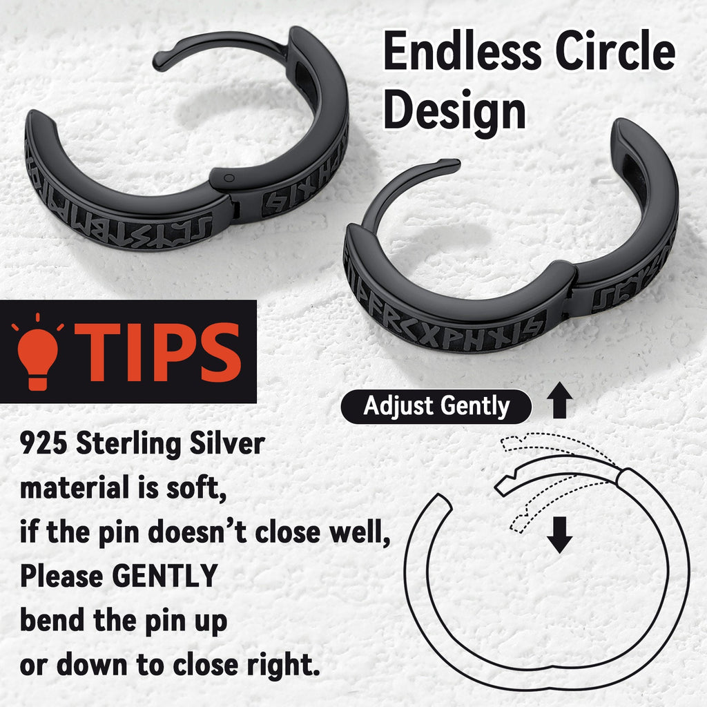Norse Viking Runes Huggie Hoop Earrings in Sterling Silver
