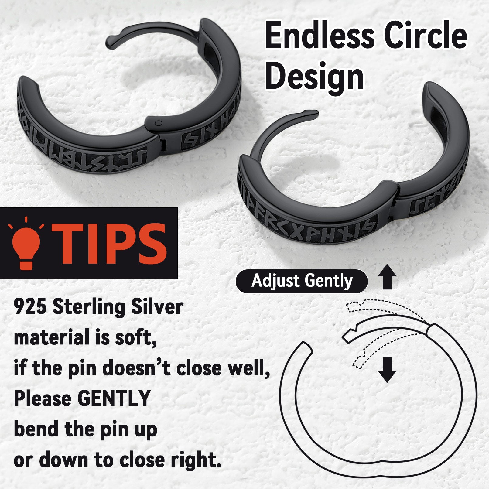 Norse Viking Runes Huggie Hoop Earrings in Sterling Silver