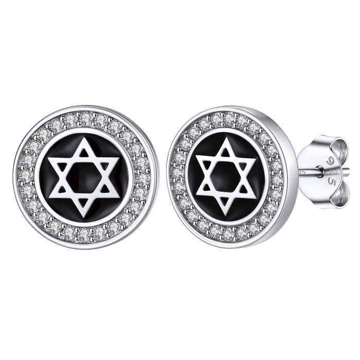 Silver Zircon Star Of David Stud Earrings for Men Women