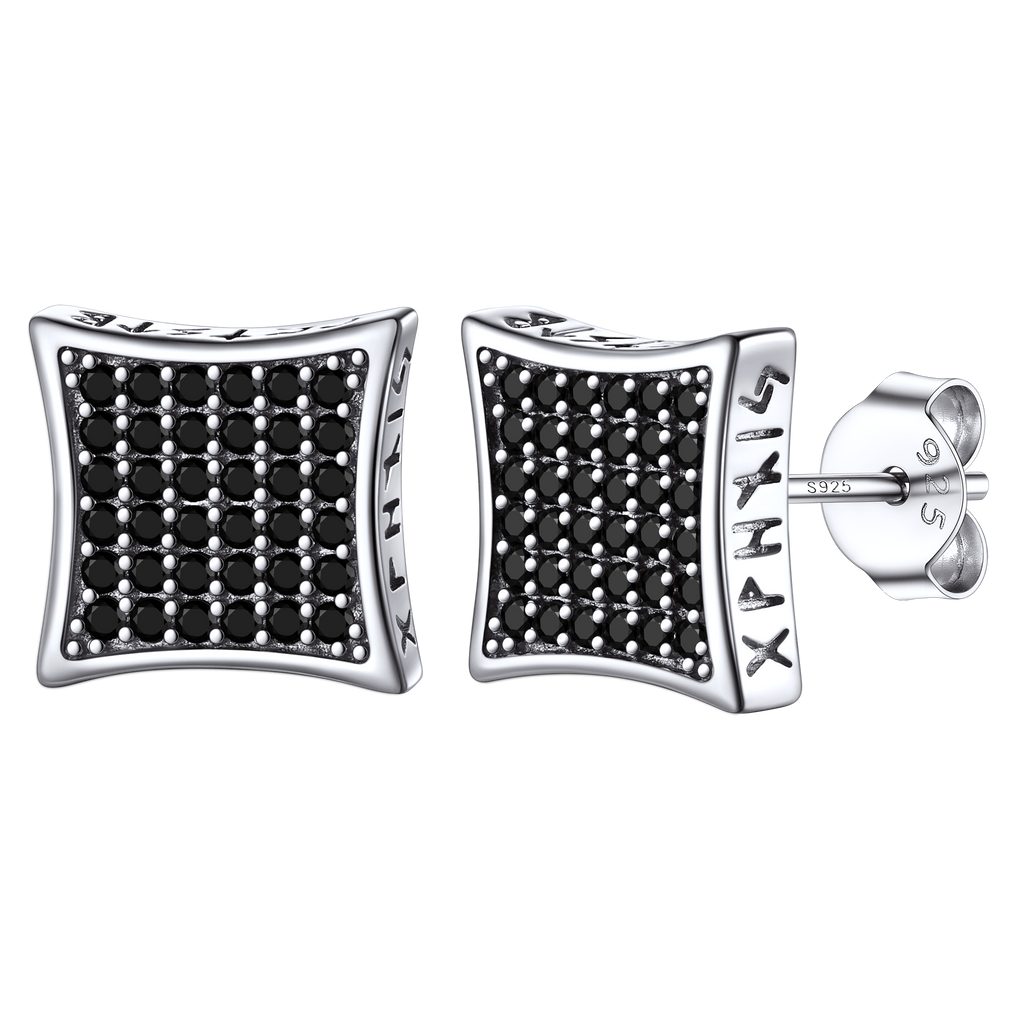 9mm Square Black Diamond Stud Earrings with Viking Runes