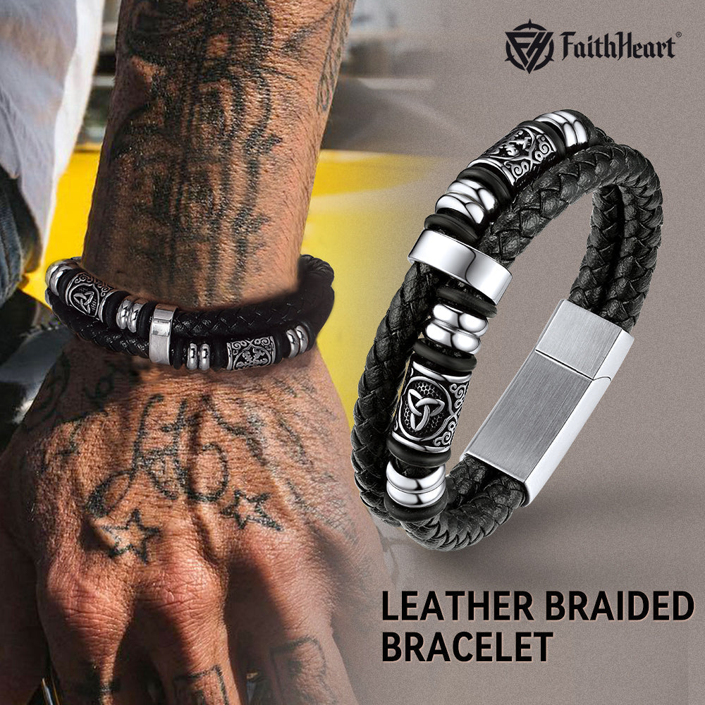 Viking Black Engraved Leather Braided Wristband Bracelet for Men