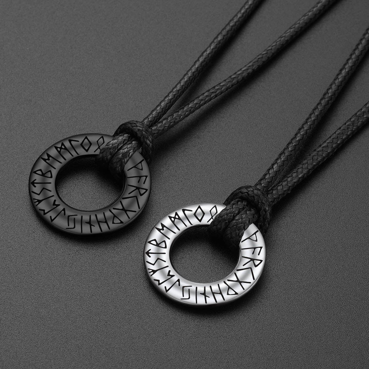 Norse Viking Rune Hoop Earrings & Circle Leather Necklace Set For Men
