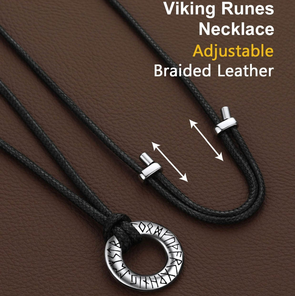 Norse Viking Rune Hoop Earrings & Circle Leather Necklace Set For Men
