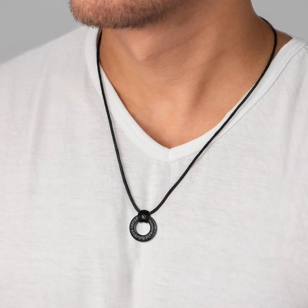 Norse Viking Rune Hoop Earrings & Circle Leather Necklace Set For Men