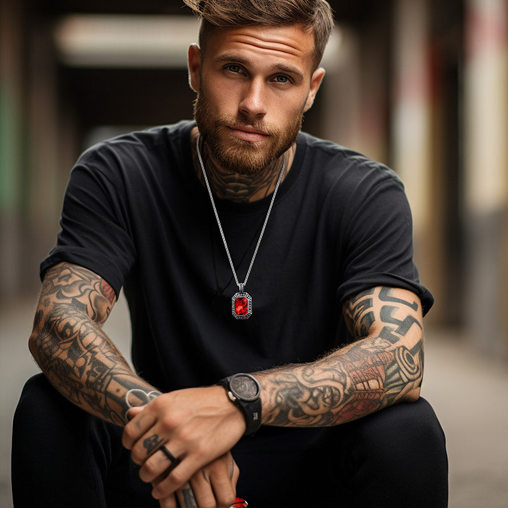 Engraved Crystal Dog Tag Necklace with Viking Runes For Men