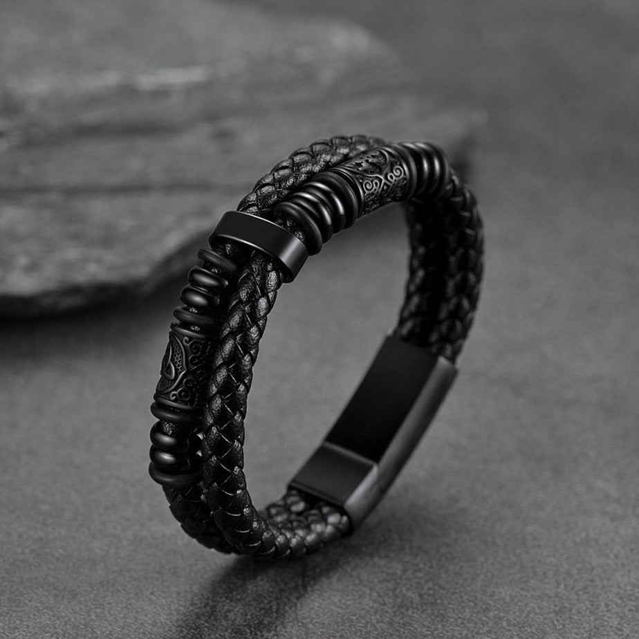 Viking Black Engraved Leather Braided Wristband Bracelet for Men