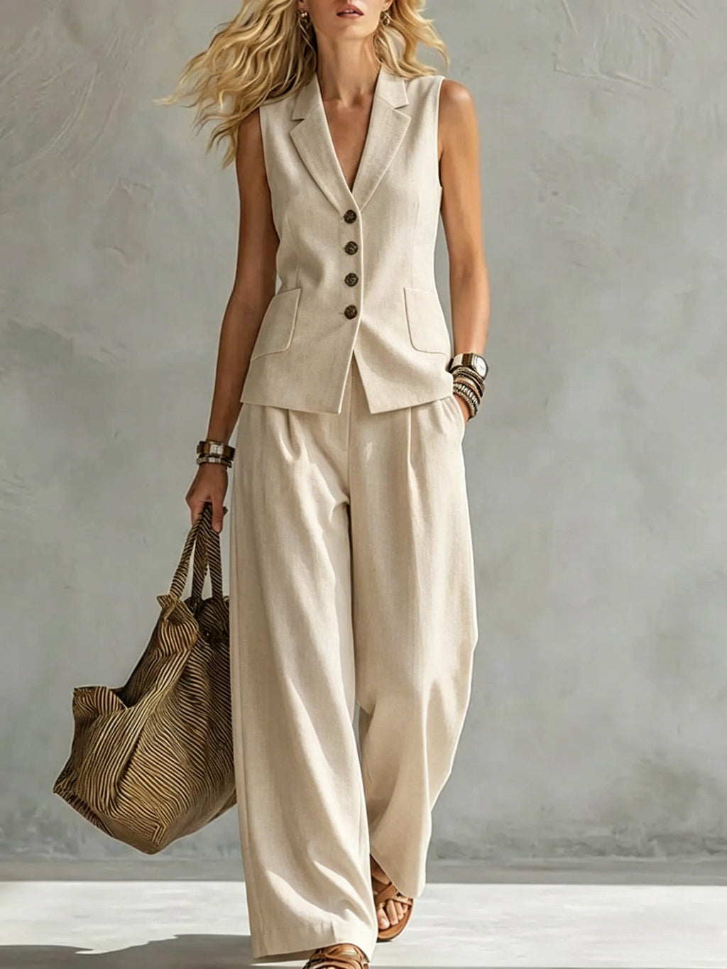 Women's Linen Two Piece Set | Tailored Waistcoat & Wide Leg Trousers