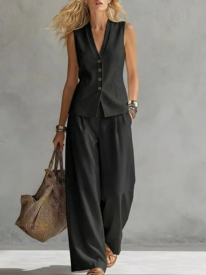 Women's Linen Two Piece Set | Tailored Waistcoat & Wide Leg Trousers