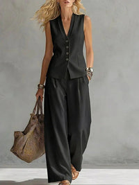 Women's Linen Two Piece Set | Tailored Waistcoat & Wide Leg Trousers