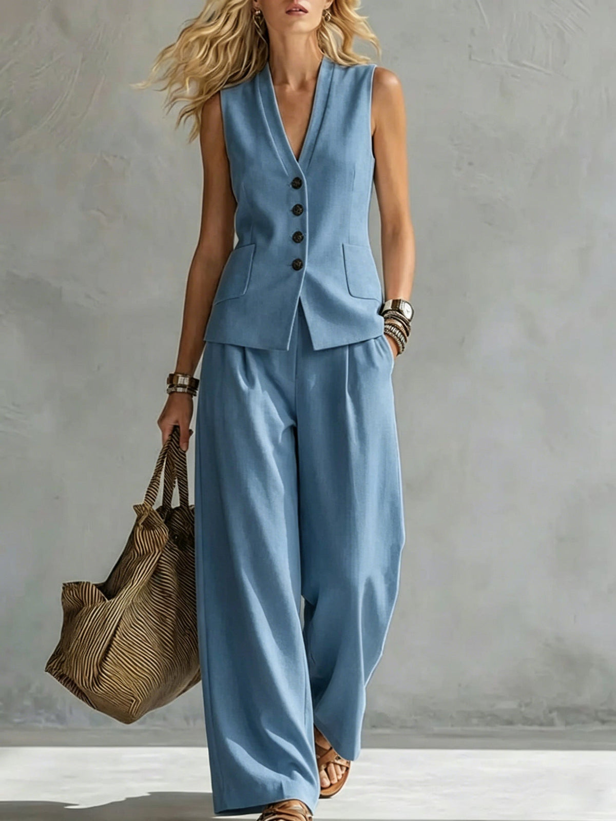 Women's Linen Two Piece Set | Tailored Waistcoat & Wide Leg Trousers