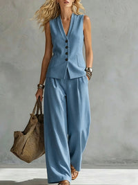 Women's Linen Two Piece Set | Tailored Waistcoat & Wide Leg Trousers