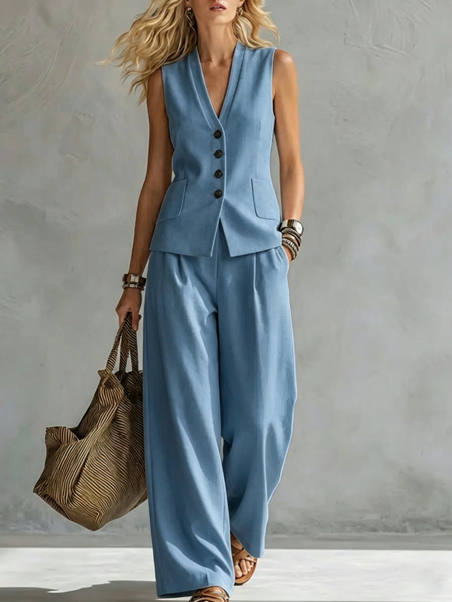 Women's Linen Two Piece Set | Tailored Waistcoat & Wide Leg Trousers