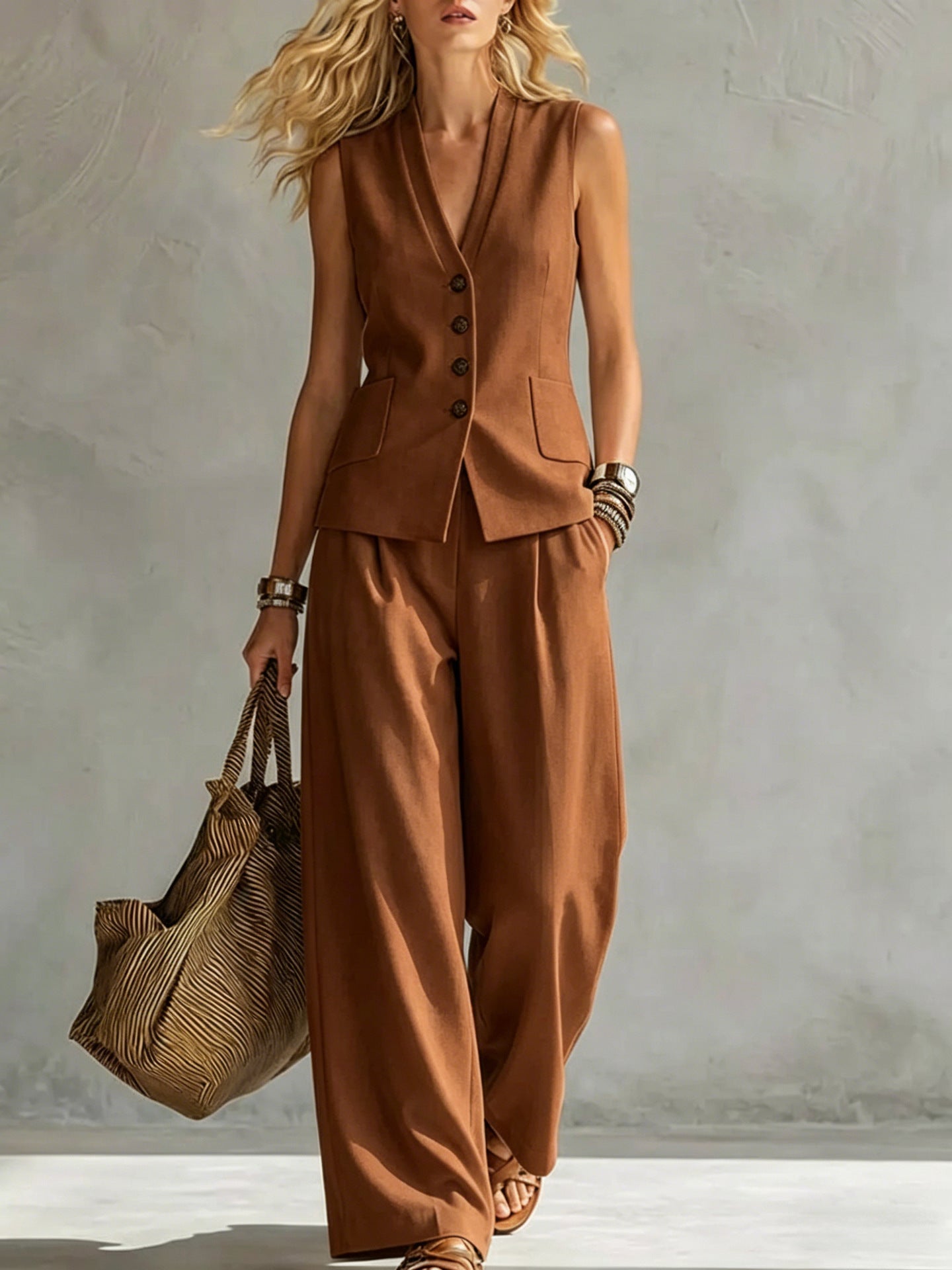 Women's Linen Two Piece Set | Tailored Waistcoat & Wide Leg Trousers