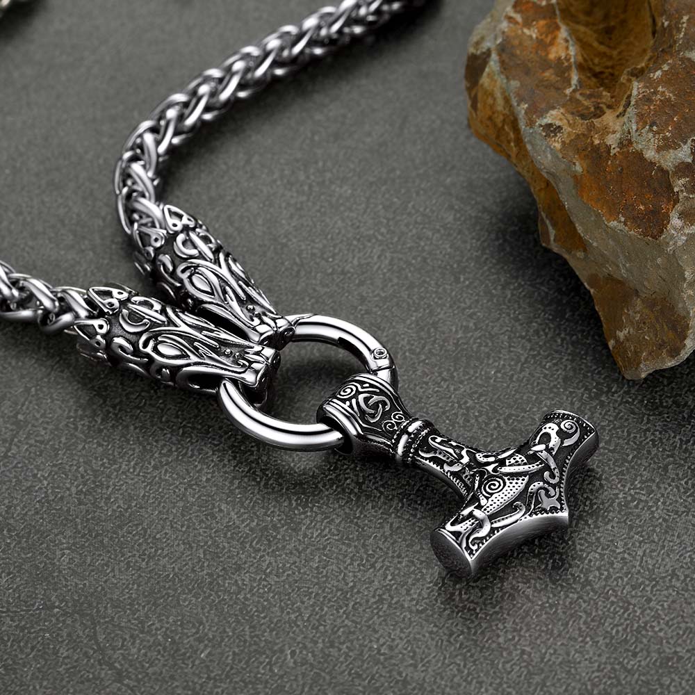 Viking Thor's Hammer Mjolnir Necklace For Men With Wolf Chain