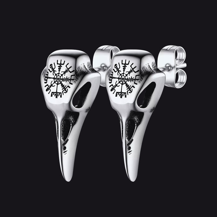 Viking Raven Skull Stud Earrings With Viking Vegvisir For Men Women