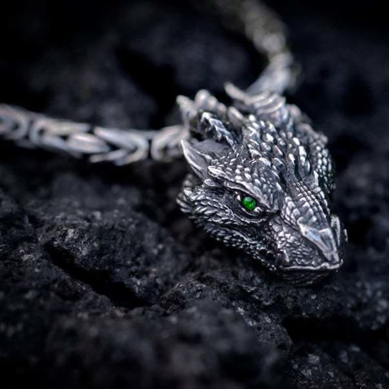 Men's Viking Green Eye Dragon Head Necklace