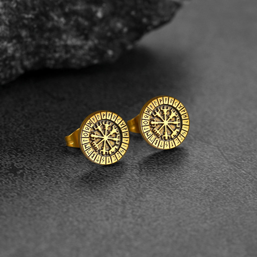 Norse Viking Compass Vegvisir Stud Earrings For Men