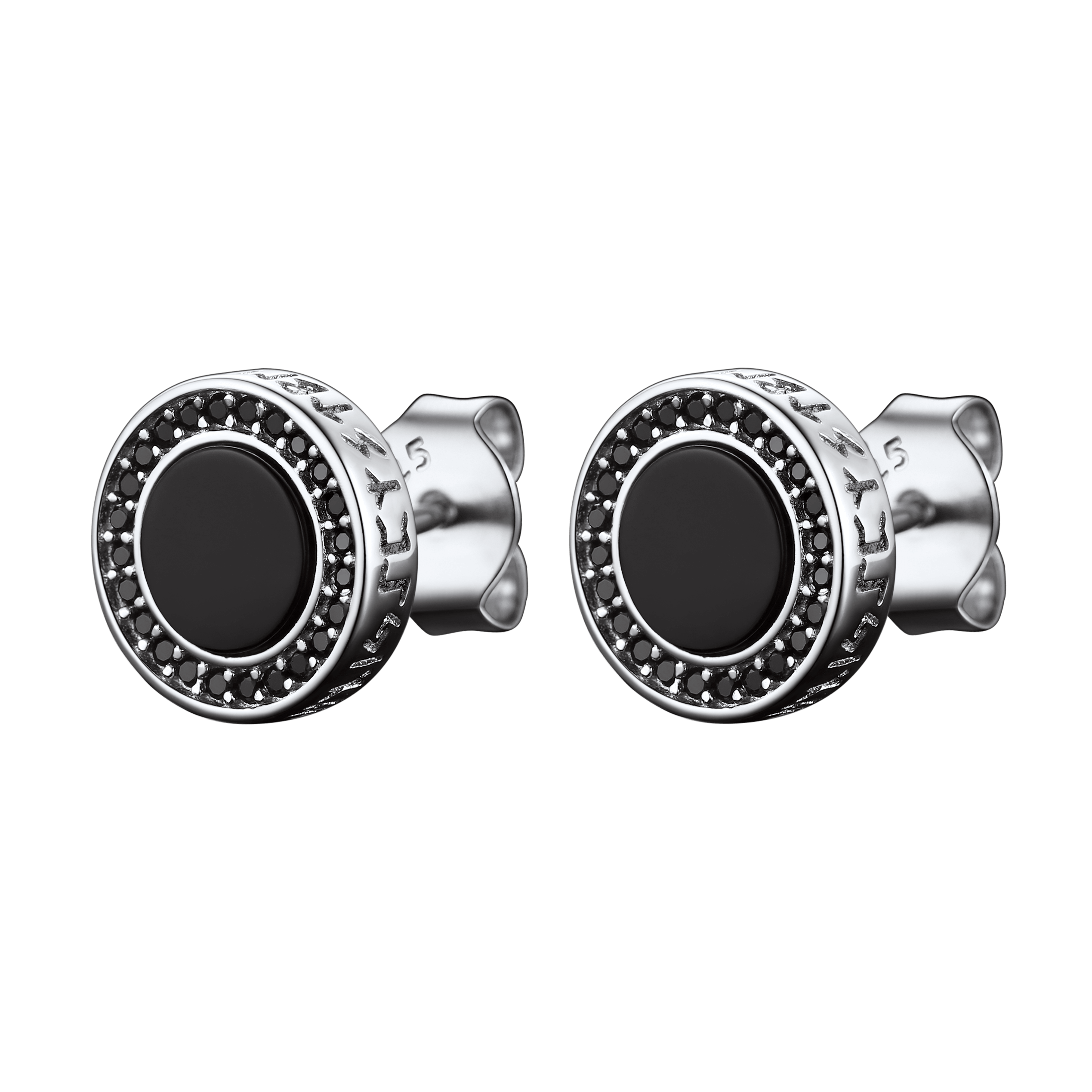Viking Rune Black Onyx Stud Earrings in Sterling Silver for Men