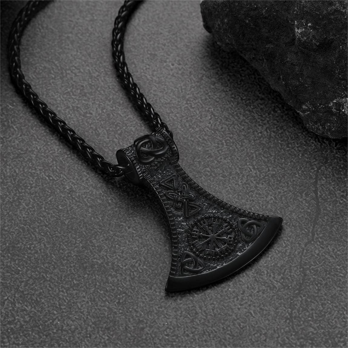 Battle Axe Viking Pendant Necklace with Compass For Men
