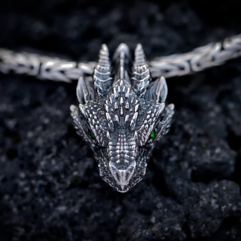 Men's Viking Green Eye Dragon Head Necklace