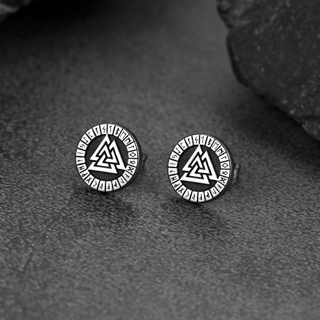 Viking Valknut Black Stud Earrings For Men With Runes