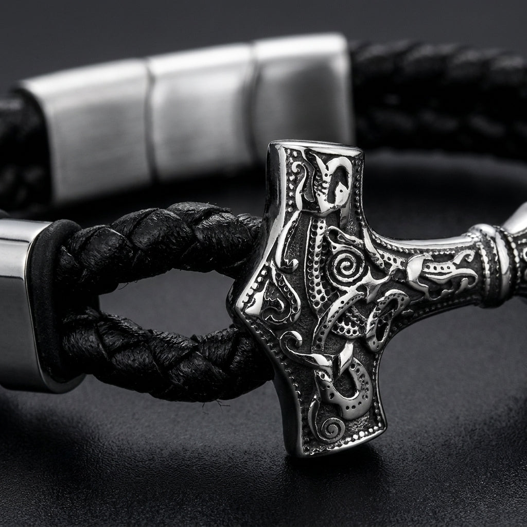 Viking Thor's Hammer Mjolnir Braided Leather Bracelet Gift For Men