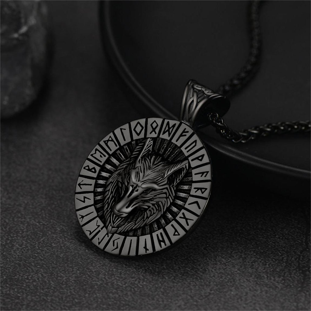 Norse Viking Rune Hoop Earrings & Wolf Medal Necklace Set For Men
