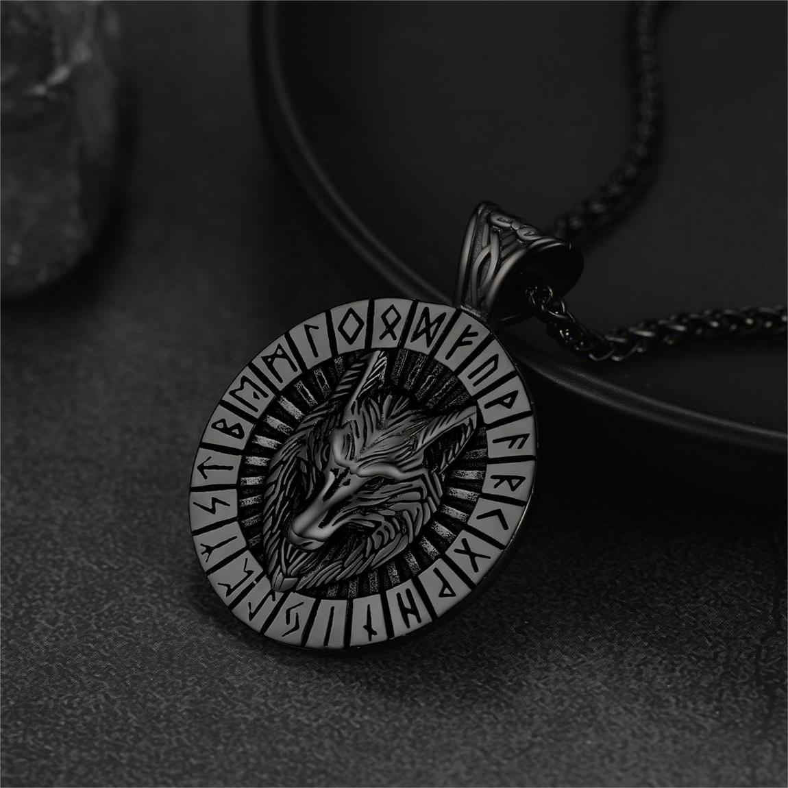 Norse Viking Rune Hoop Earrings & Wolf Medal Necklace Set For Men
