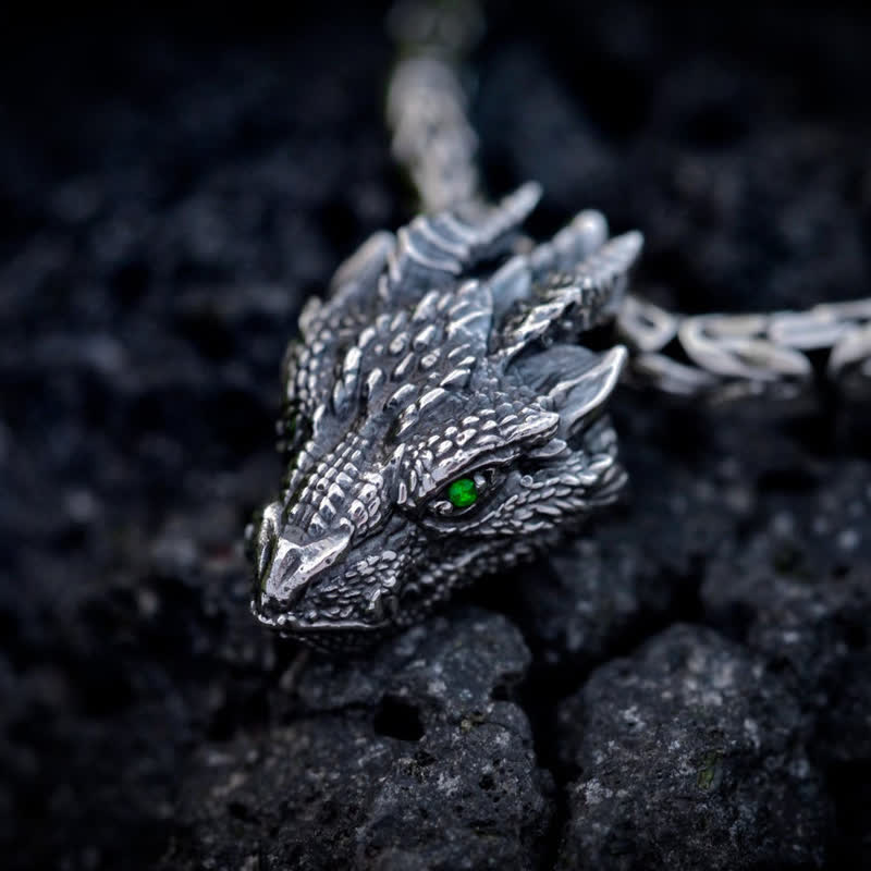 Men's Viking Green Eye Dragon Head Necklace