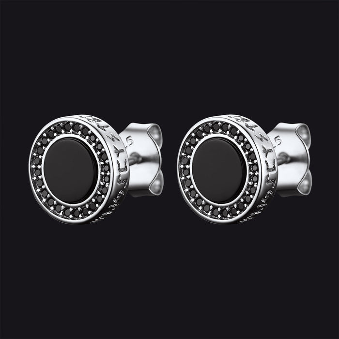 Viking Rune Black Onyx Stud Earrings in Sterling Silver for Men
