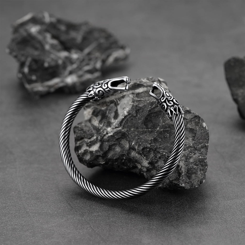 Viking Bracelet Norse Wolf Heads Cuff Bangle For Men