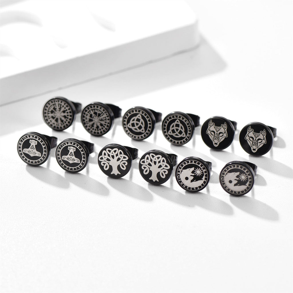Viking Black Stud Earrings Set For Men 6 Pairs