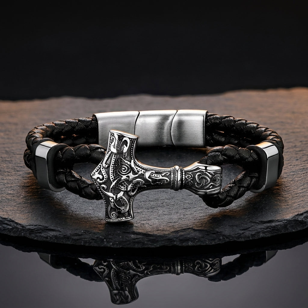 Viking Thor's Hammer Mjolnir Braided Leather Bracelet Gift For Men
