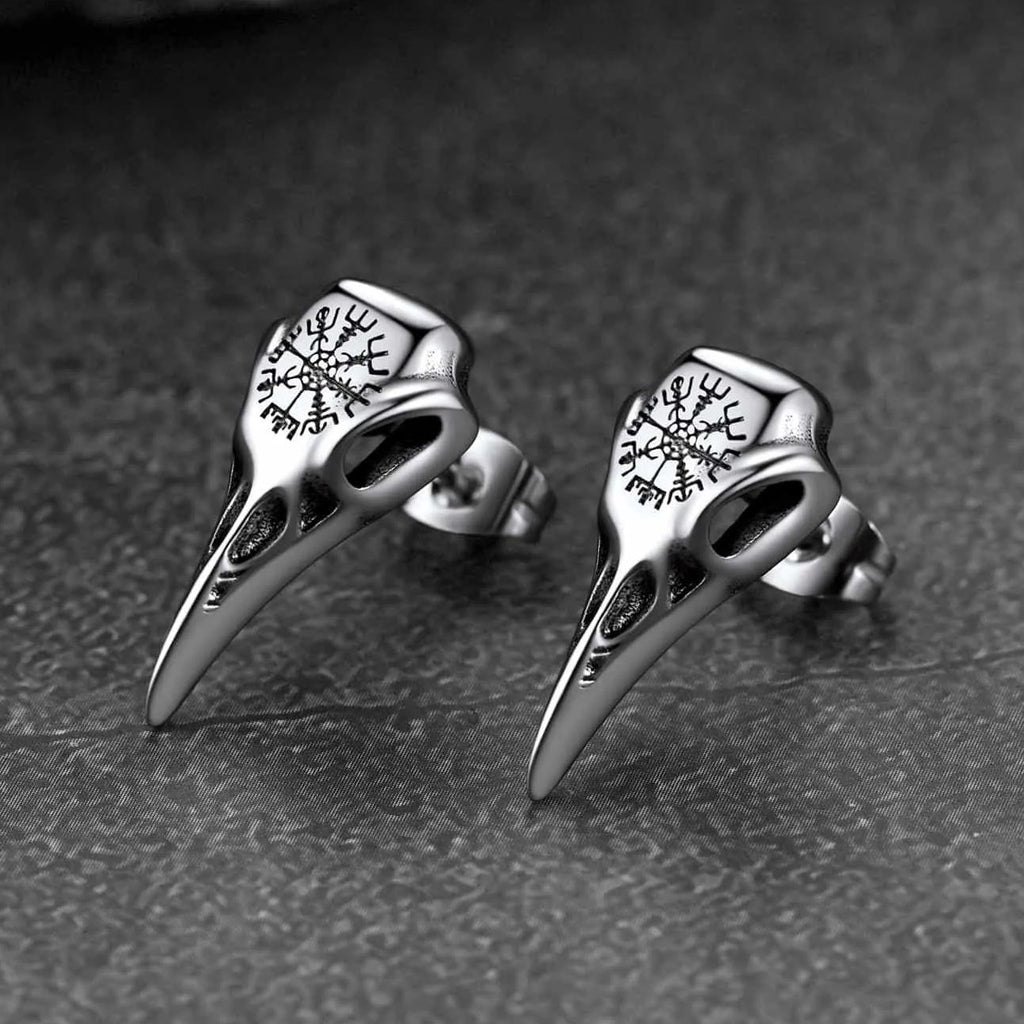 Viking Raven Skull Stud Earrings With Viking Vegvisir For Men Women